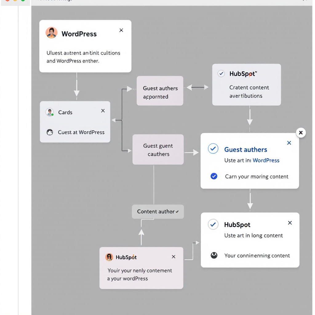 Workflow showing guest authors contributing to WordPress or HubSpot in a secure content approval process, cards, checkmarks, simple icons