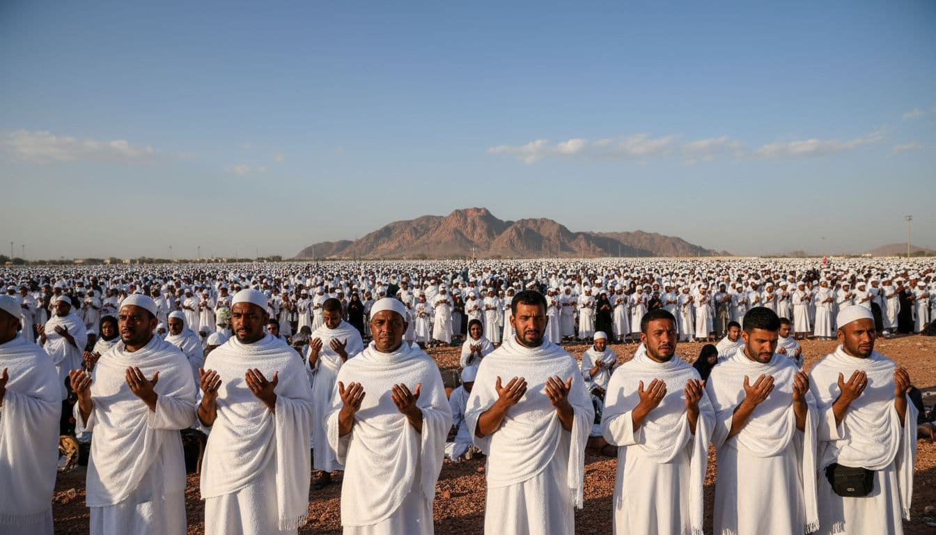 আরাফার ময়দানে হাজ্জাজদের দোয়া, জ্বলজ্বলে আকাশের নিচে সাদা ইহরামে ভক্তি