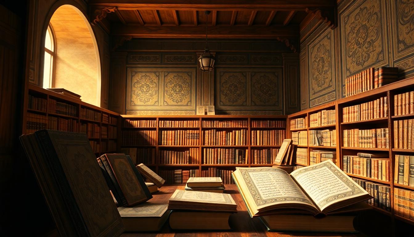 Historical library featuring Jami al-Tirmidhi among other manuscripts