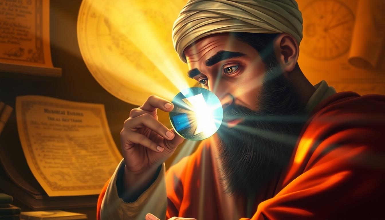 Ibn al-Haytham studies light with a glass lens and prism in a medieval study, surrounded by star charts. Image generated by AI.