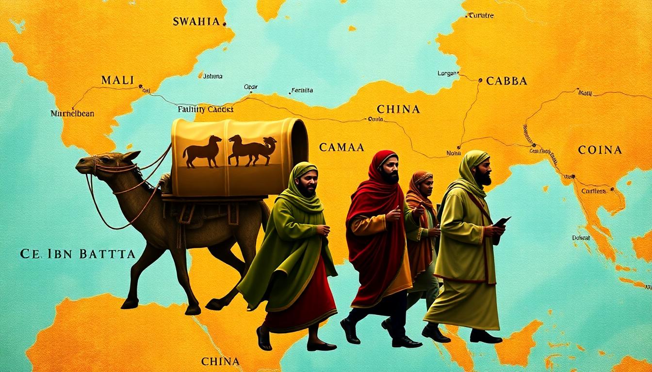 Map style image showing Ibn Battuta's travels across the Muslim world
