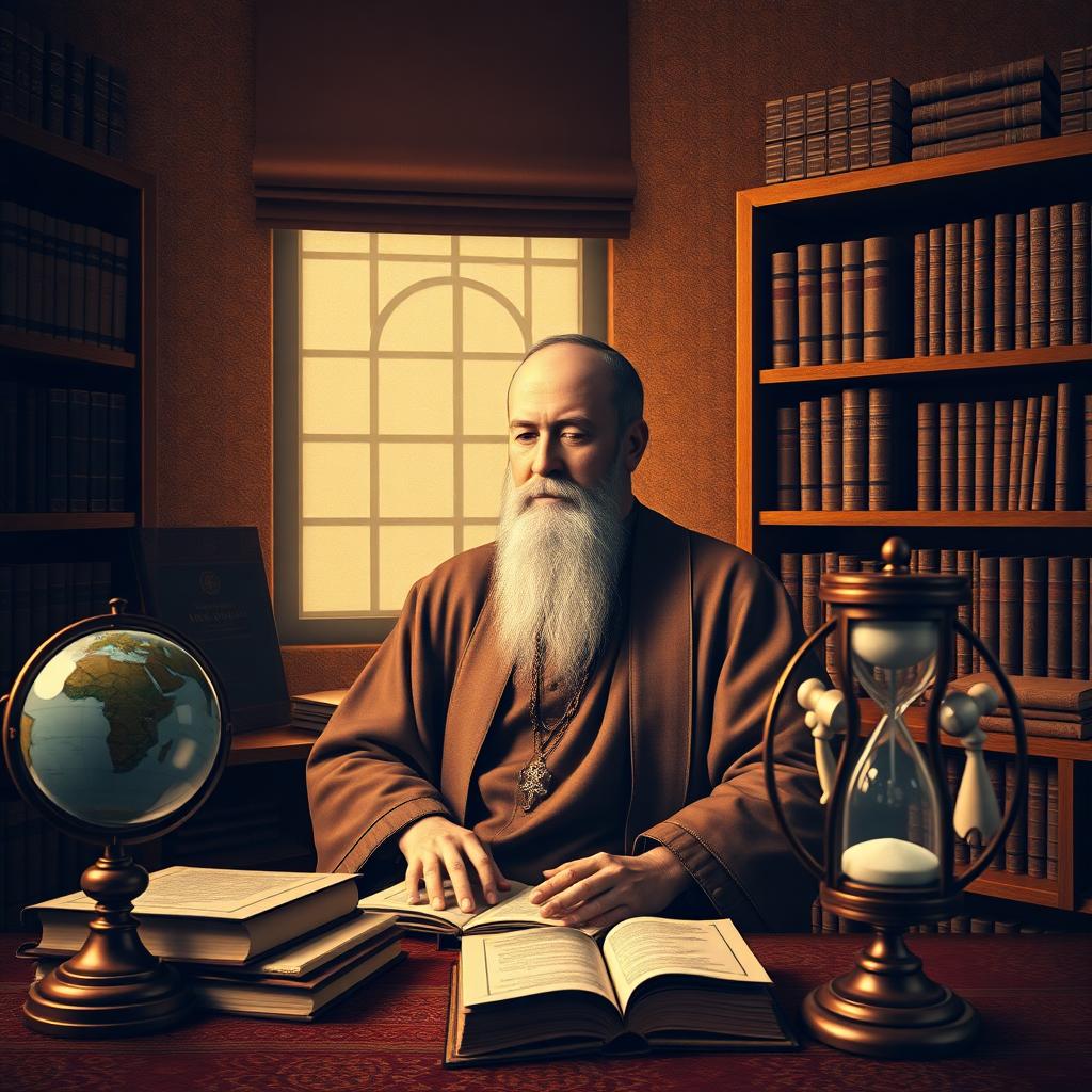 Ibn Khaldun in a scholarly study surrounded by manuscripts and scientific instruments, warm amber lighting. Image created with AI.