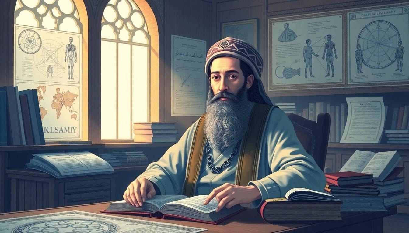 Portrait of Ibn Sina (Avicenna) in an 11th-century academy, surrounded by medical texts and philosophical works. Style: Persian miniature. Image created with AI.