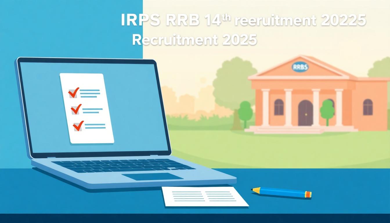 Illustration showing eligibility checklists, a calendar, and rural bank setting for IBPS RRB XIV. Image generated by AI.
