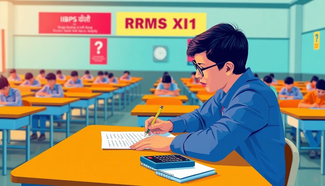 A candidate focused on an online IBPS RRB XIV exam at a desk, with exam screen, pen, and paper in a vibrant, semi-realistic setting. Image created with AI.