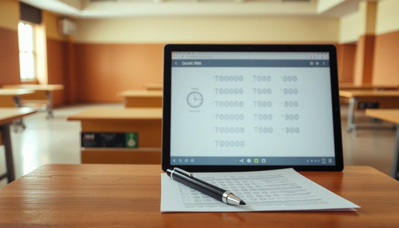 Close-up desk with an online banking exam screen, timer, pen, and test paper— capturing the tension and focus of the exam moment. Image created with AI.