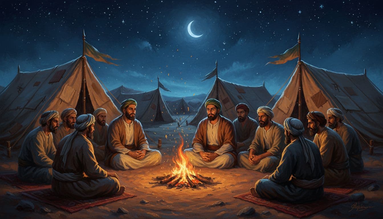 আশুরার আগের রাত, শিবিরে আগুনের উষ্ণতা, সাথীদের দৃঢ় প্রতিজ্ঞা, তারা ভরা আকাশ। Image generated by AI