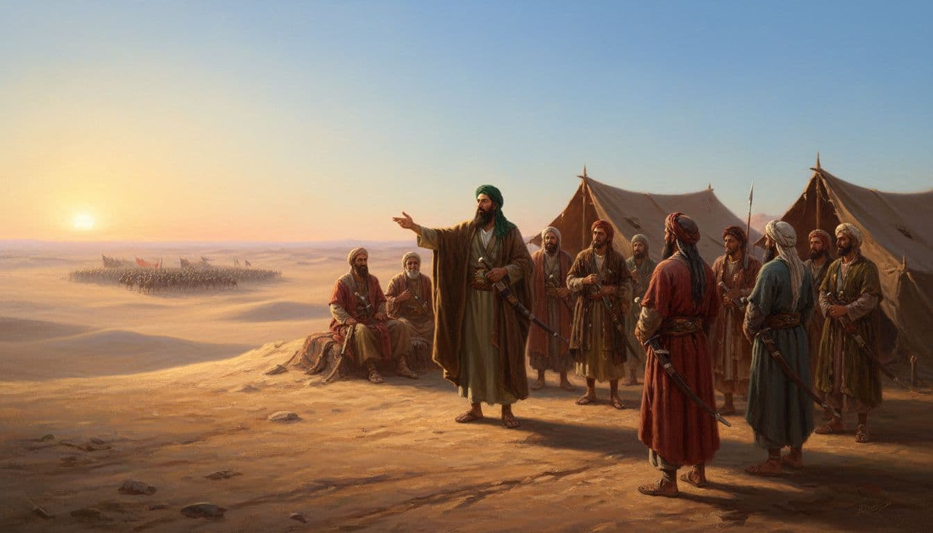 আশুরার সকাল, কারবালার প্রান্তর, ইমাম হুসাইন মর্যাদায় দাঁড়িয়ে, পেছনে শিবির, দূরে শত্রুপক্ষের বড় বাহিনী। Image generated by AI