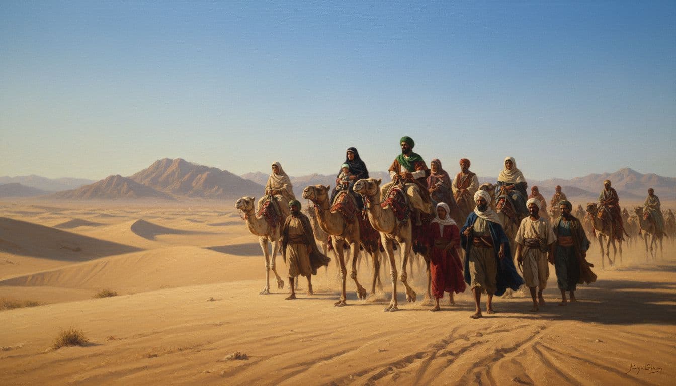 আরব মরু পেরিয়ে কারবালার পথে কাফেলা, ইমাম হুসাইন ও সাথিরা, দিনের আলোতে ধুলোময় প্রান্তর, দূরে বালিয়াড়ি ও নীল আকাশ। Image generated by AI