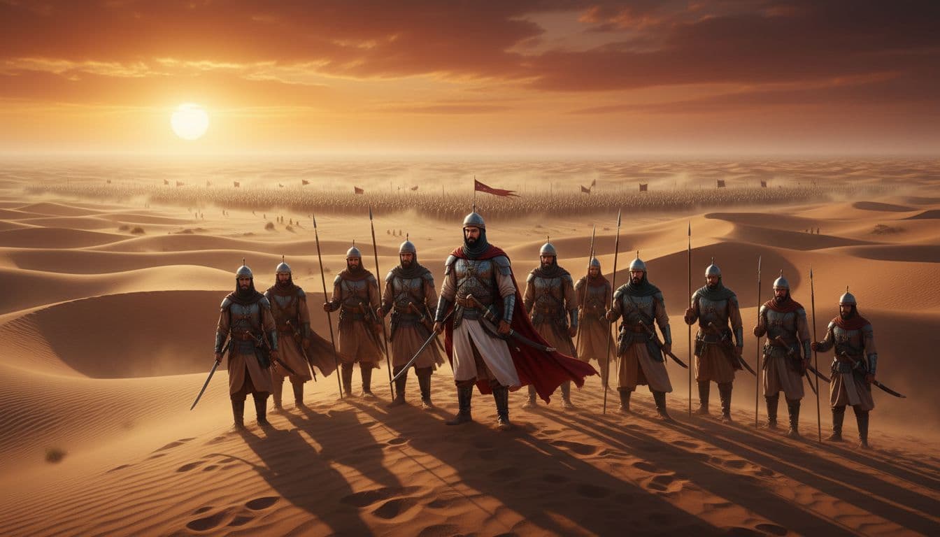 কারবালার মরুপ্রান্তরে সূর্যাস্ত, ইমাম হুসাইন ও সাথীরা ন্যায়ের পক্ষে স্থির, দূরে শত্রুপক্ষের সারি, দৃঢ় নৈতিক সিদ্ধান্তের প্রতীক। Image generated by AI