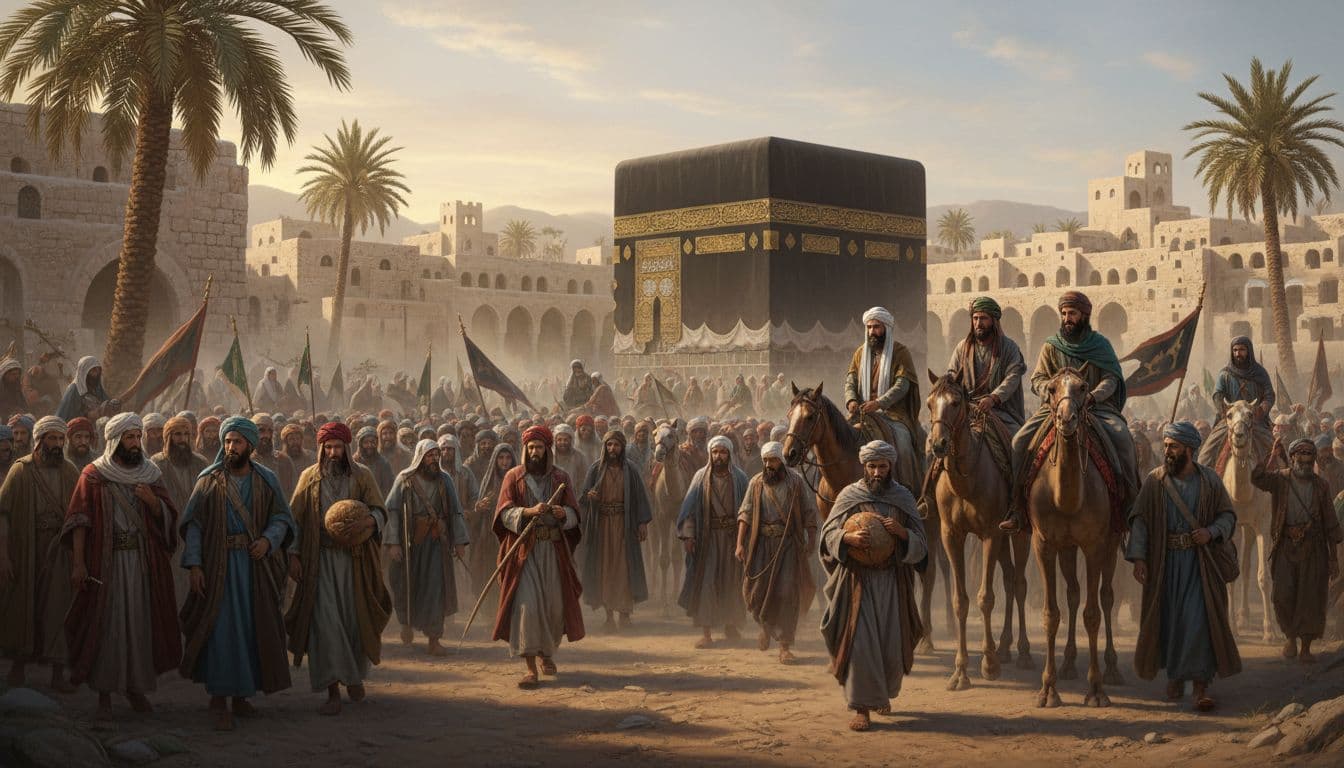 মক্কা ত্যাগ, কাবা ঘর পেছনে, উট-ঘোড়ায় কাফেলা, সকালের আলো, শান্ত অথচ দৃঢ় প্রস্থান। Image created with AI