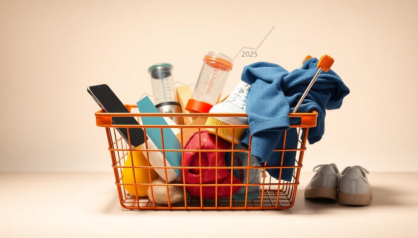 A shopping basket filled with imported consumer goods like a smartphone, blender, sneakers and packaged clothes, with a subtle rising graph in the background indicating 2025 tariff increases. Image created with AI.