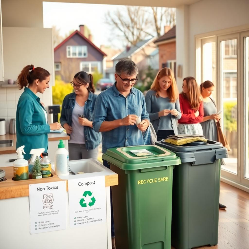 Inclusive home recycling and waste sorting station in a tidy community kitchen