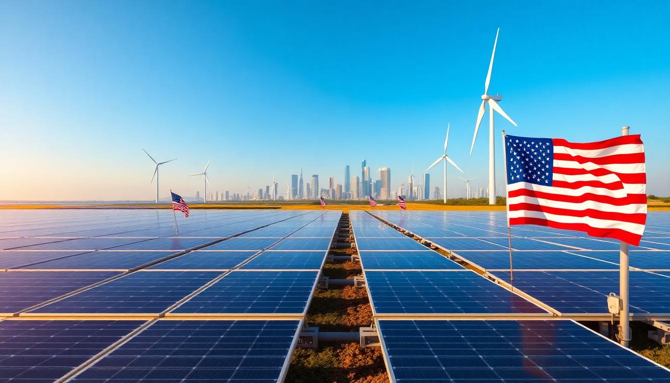 Solar panels and offshore wind turbines with US and Indian flags symbolizing energy cooperation