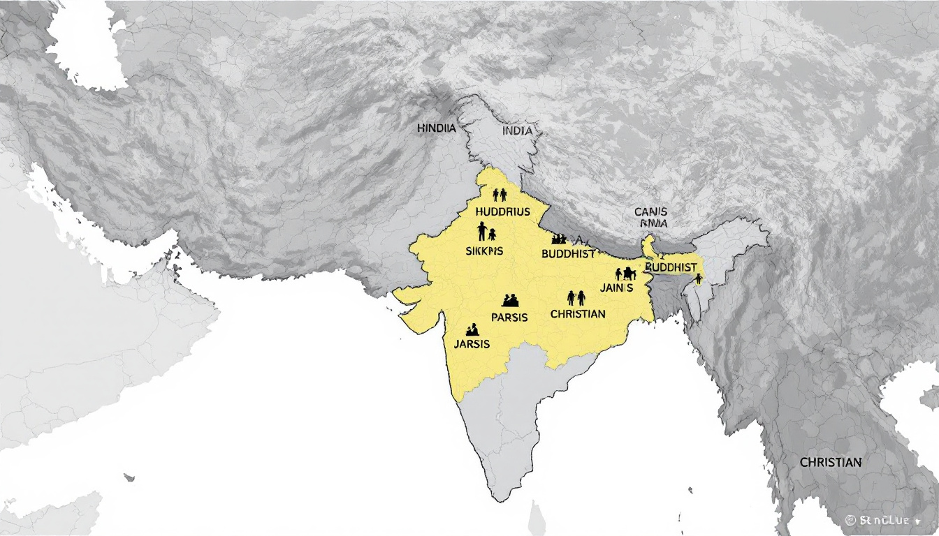 Map of India showing border states and major cities where CAA beneficiaries are concentrated. Illustrates icons for the six minority groups. Image created with AI.
