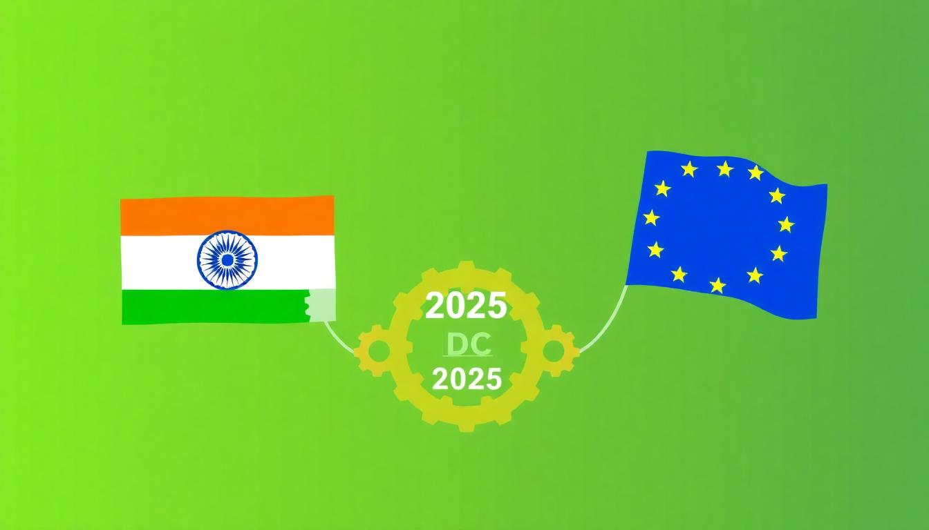 India and EU flags connected by gears over a roadmap targeting December 2025