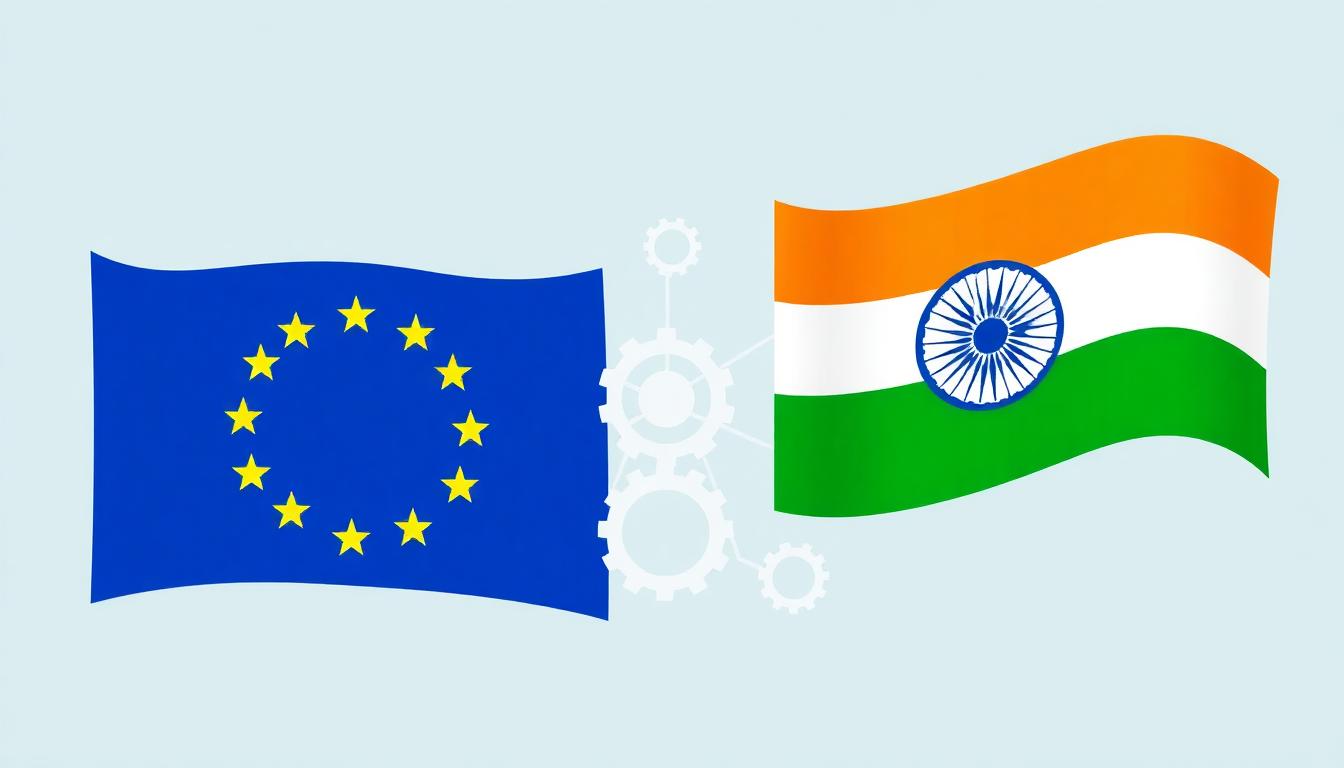 Illustration showing the India and European Union flags with interconnected gears symbolizing trade cooperation and economic partnership