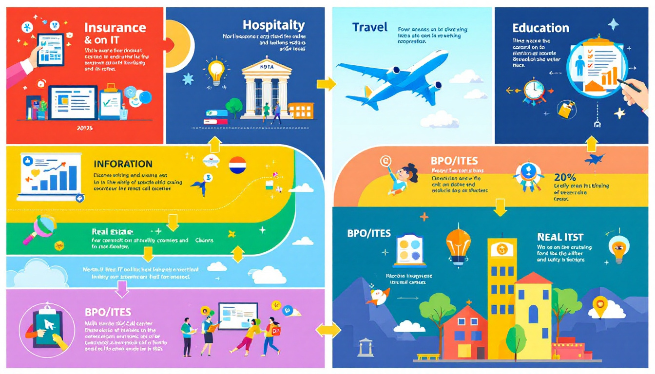 Infographic showing key non-IT sectors contributing to India's job market growth. Includes symbols for insurance, hospitality, travel, BPO/ITES, education, and real estate. Arrows highlight year-on-year gains. Image created with AI.
