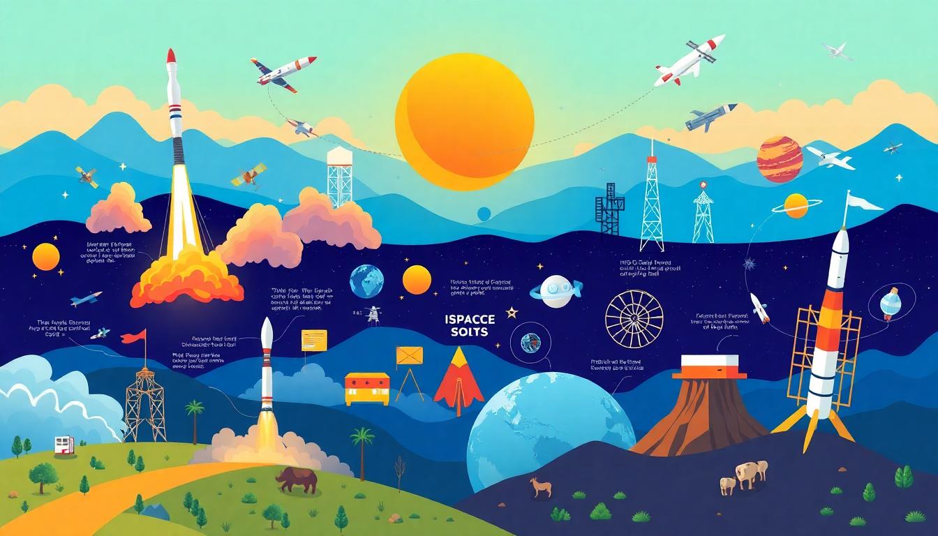 Illustration showing ISRO rockets launching alongside private satellite builders and tech startups collaborating, highlighting India’s growing space ecosystem. Image created with AI.