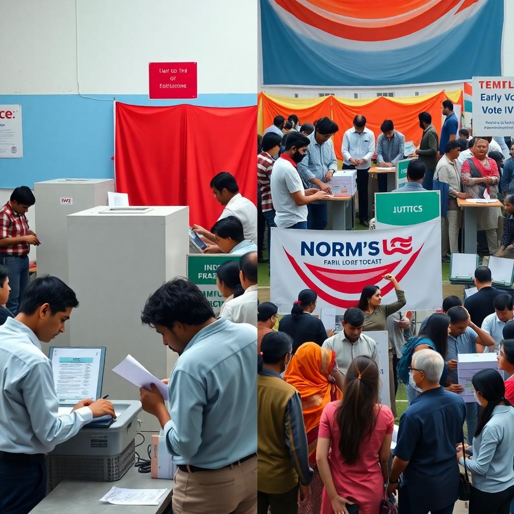 Split image of India's EVM voting process and US voters casting ballots