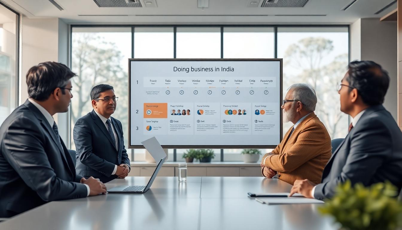 Government officials and business people collaborating in a modern office setting with a digital dashboard displaying streamlined business approval processes