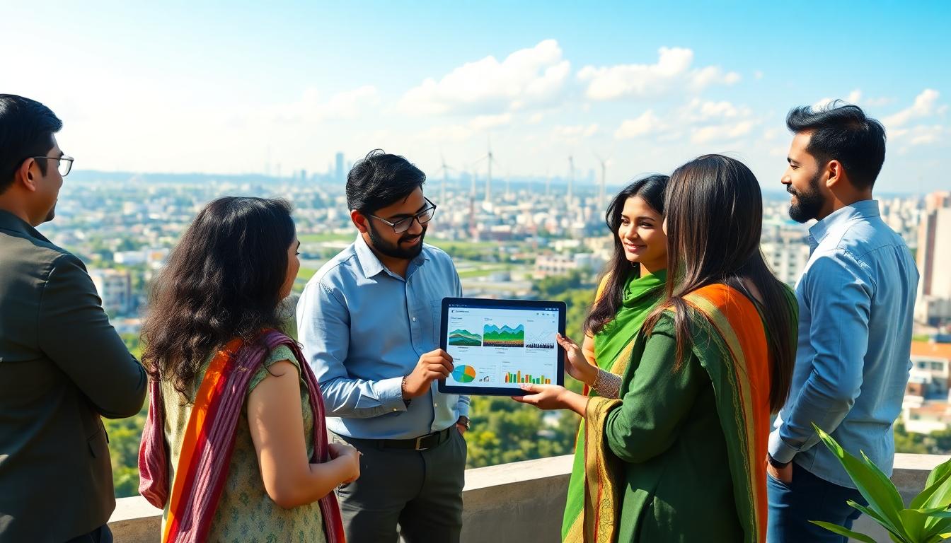Diverse Indian business professionals discussing green energy and ESG bonds on a rooftop, overlooking solar farms and wind turbines, highlighting collaboration on sustainability and cross-border finance
