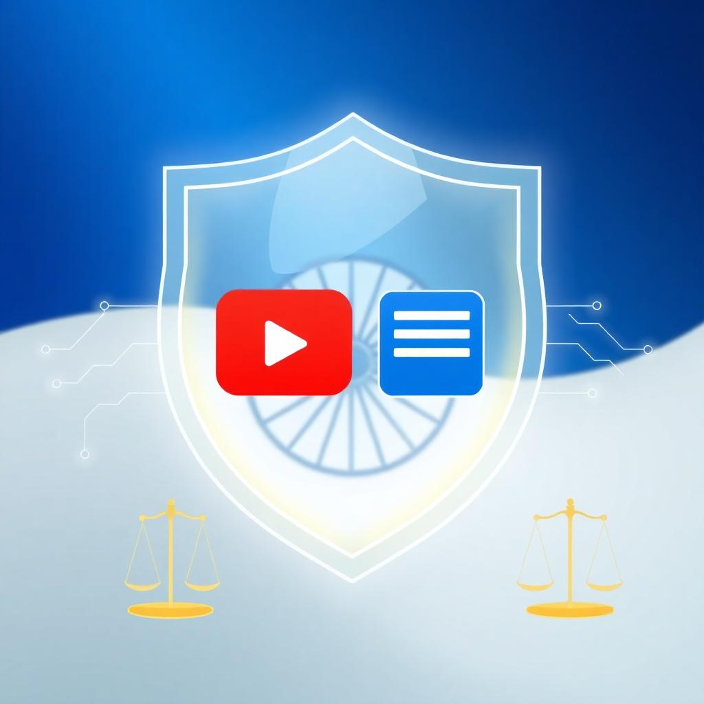 Indian copyright protection shield around video and text icons, symbolizing legal protection for creators with Indian flag colors and scales of justice. Image created with AI.