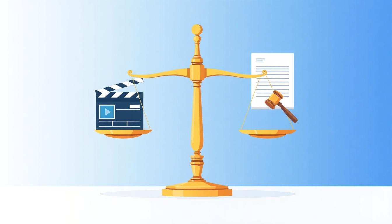Scales of justice balancing a film clapperboard and legal document in an Indian courtroom setting, symbolizing copyright legal protection. Image created with AI.
