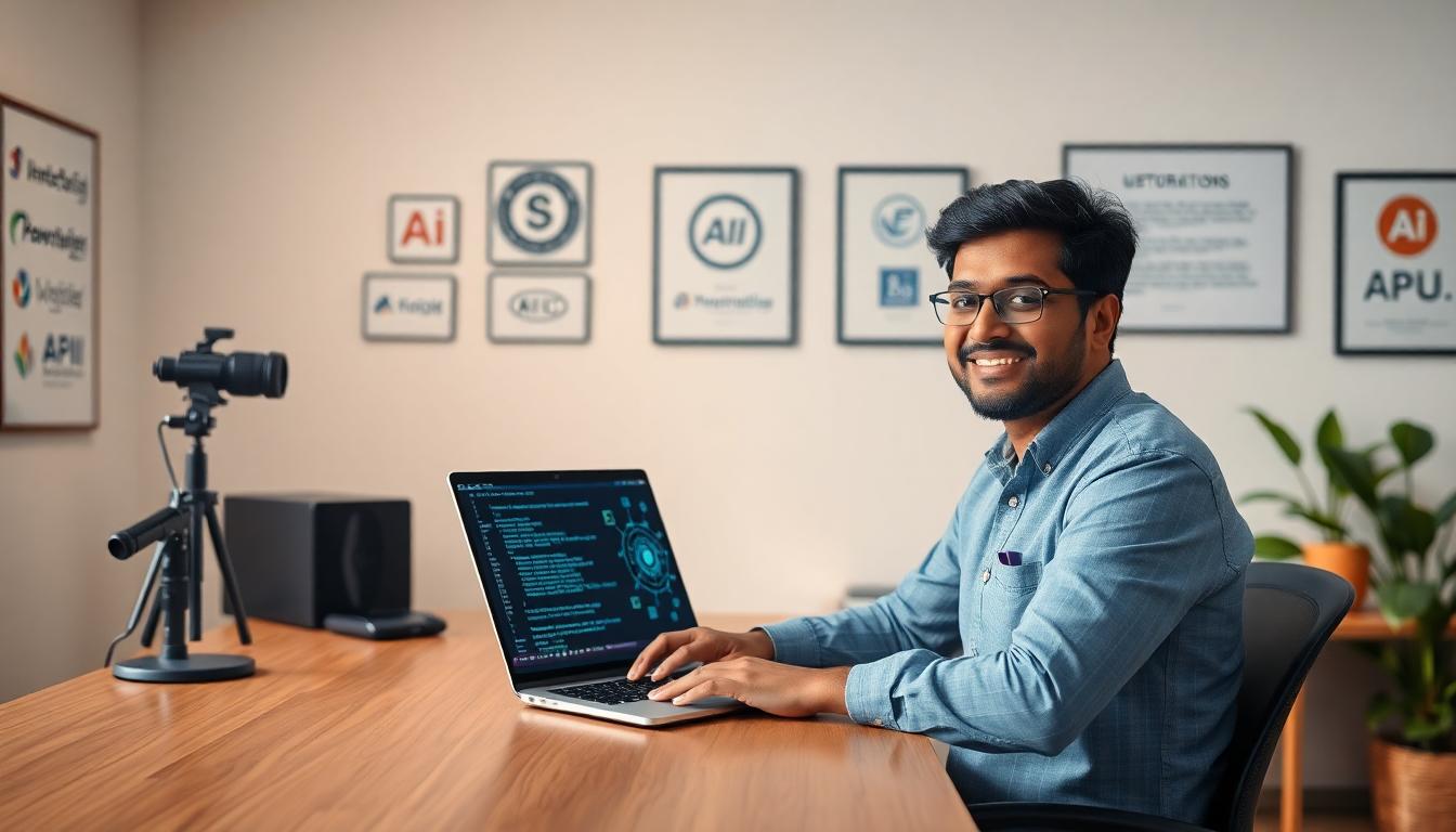 Indian creator focused on AI content creation in a modern studio with laptop and creative tools