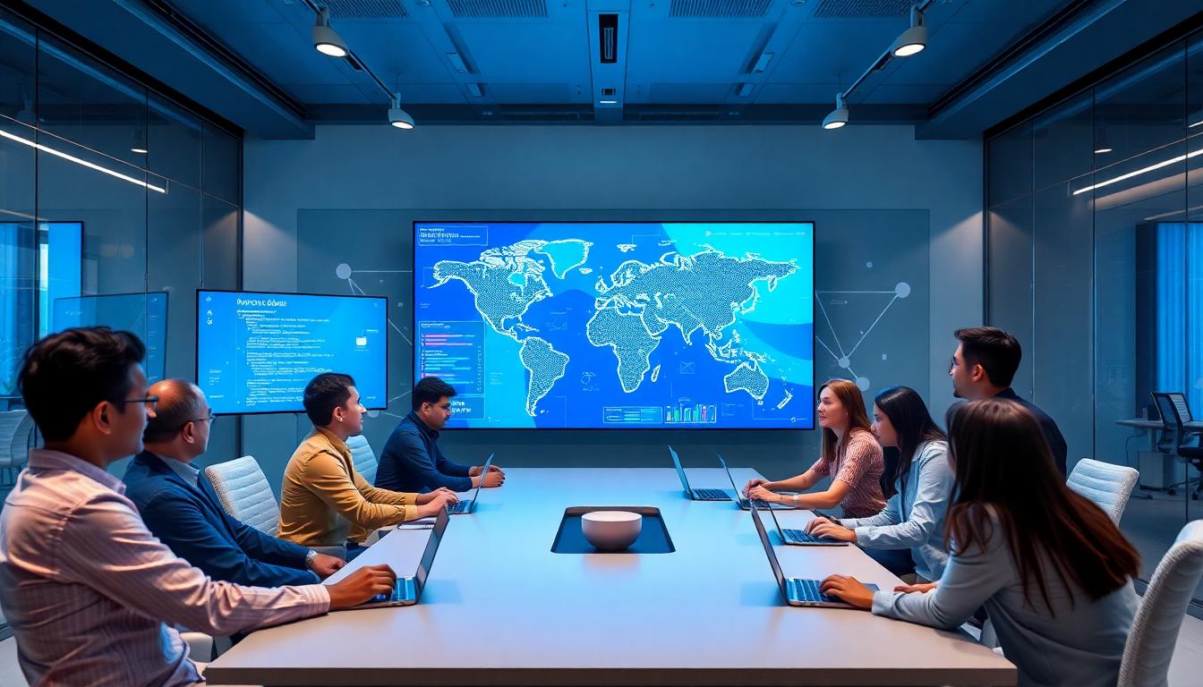 Indian and foreign professionals collaborating on AI and cloud computing projects, with digital dashboards and global network links