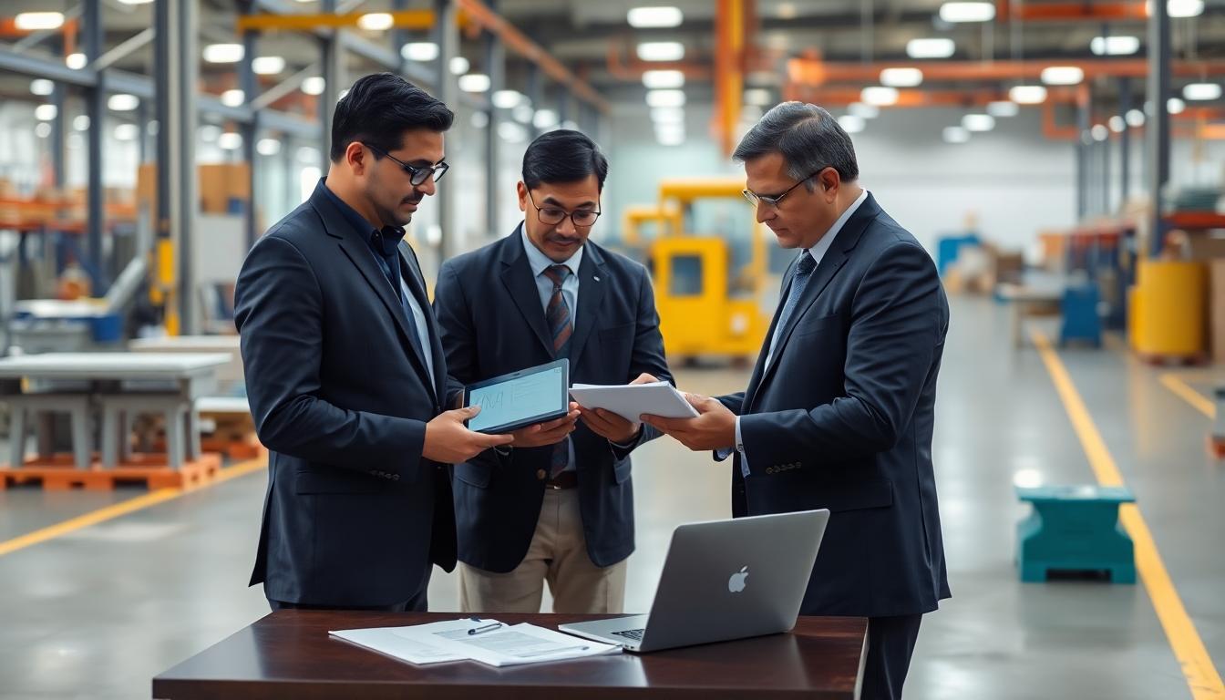Indian manufacturing plant GST inspection: Auditors reviewing tablets and documents on a factory floor, professional atmosphere. Image created with AI.