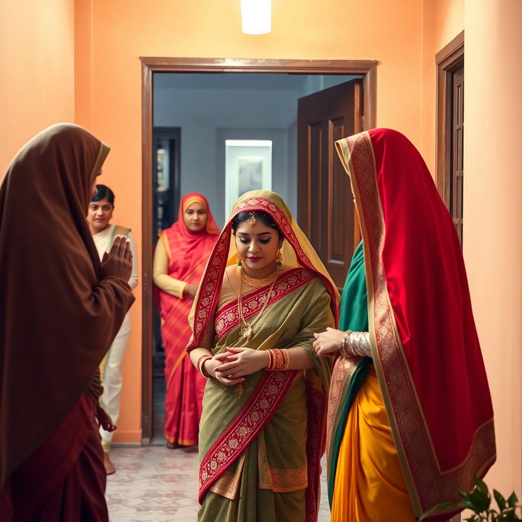 A traditional Indian Muslim bride receiving heartfelt blessings from her family as she prepares to leave her parental home. The scene is warm and respectful, bathed in soft light. Image created with AI.