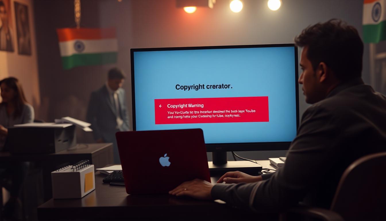 Frustrated Indian YouTube Creator with Copyright Warning on Screen