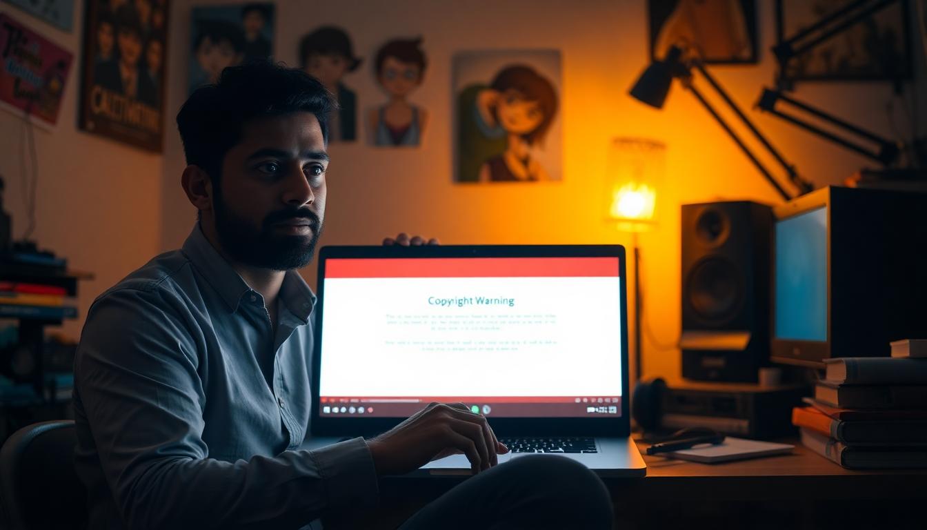 An Indian YouTube creator sits in a small home studio, laptop screen glowing with a red copyright strike warning. The creator’s expression is focused but tense, capturing the stakes of copyright enforcement