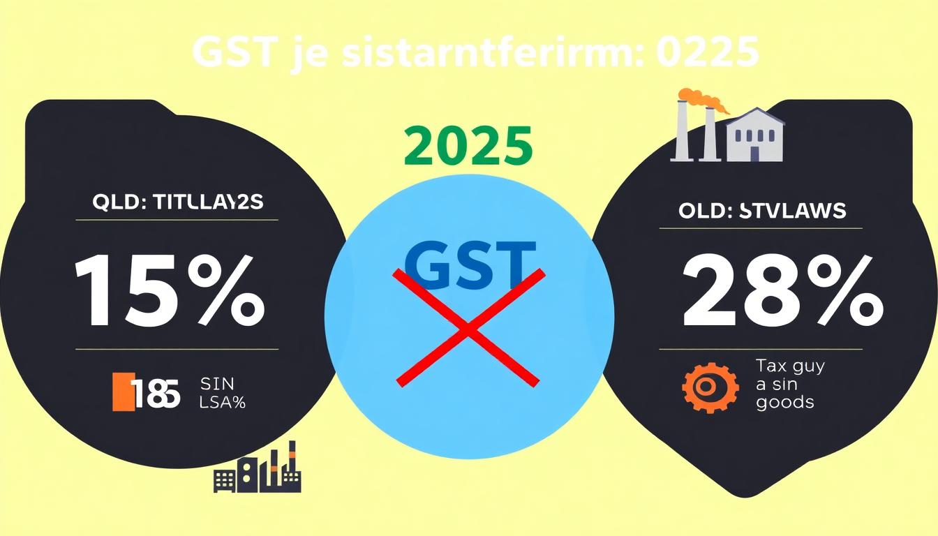 Infographic showing India's GST reforms for 2025: two main tax rates (5%, 18%), 40% for sin goods, and old rate slabs being phased out. Image created with AI.
