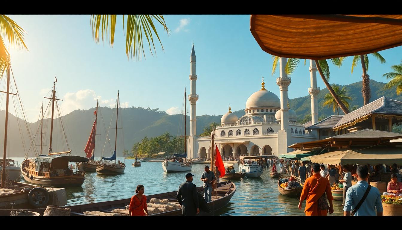 Indonesian harbor with Muslim traders and mosque blending local and Islamic architectural styles