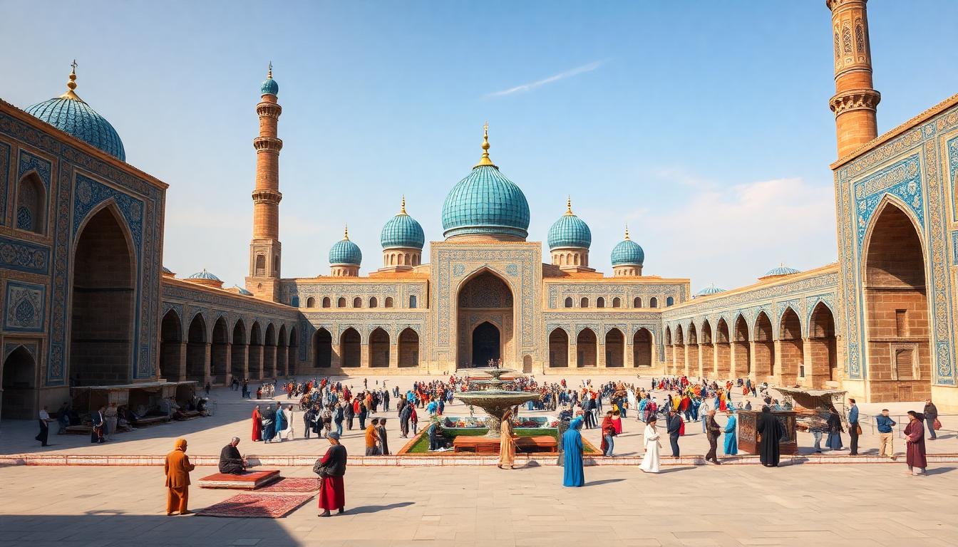 View of Safavid-era Isfahan with its famous blue-tiled mosques and bustling market square. Image created with AI