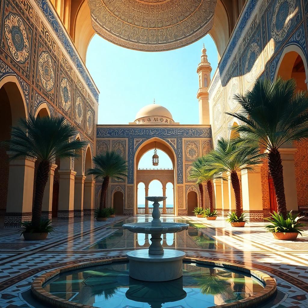 An elegant depiction of Islamic art and architecture in a sunlit courtyard, showing geometric tile work, arabesque patterns, calligraphy, and a grand dome, with lush palms.