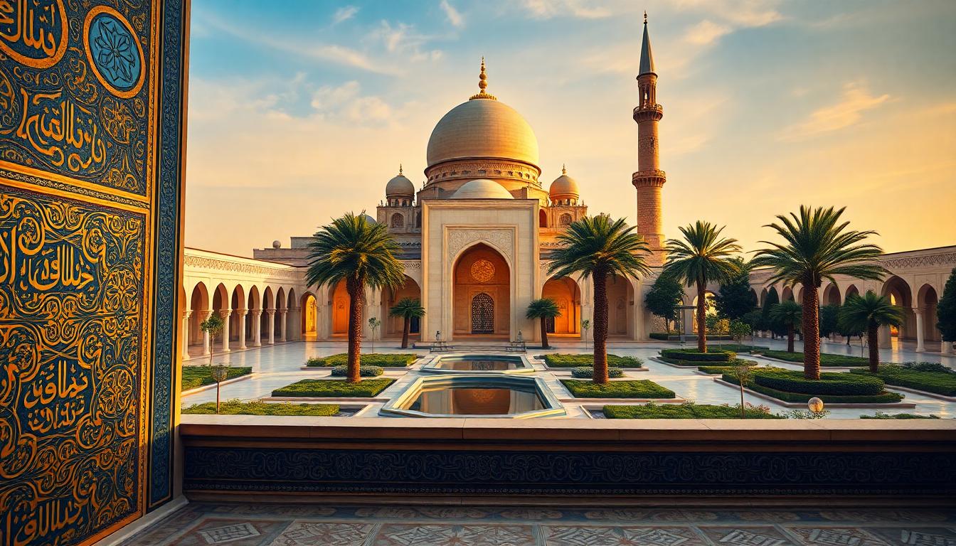 A richly detailed scene of Islamic art and architecture blending geometric patterns, arabesque calligraphy, grand domes, and lush garden courtyards.