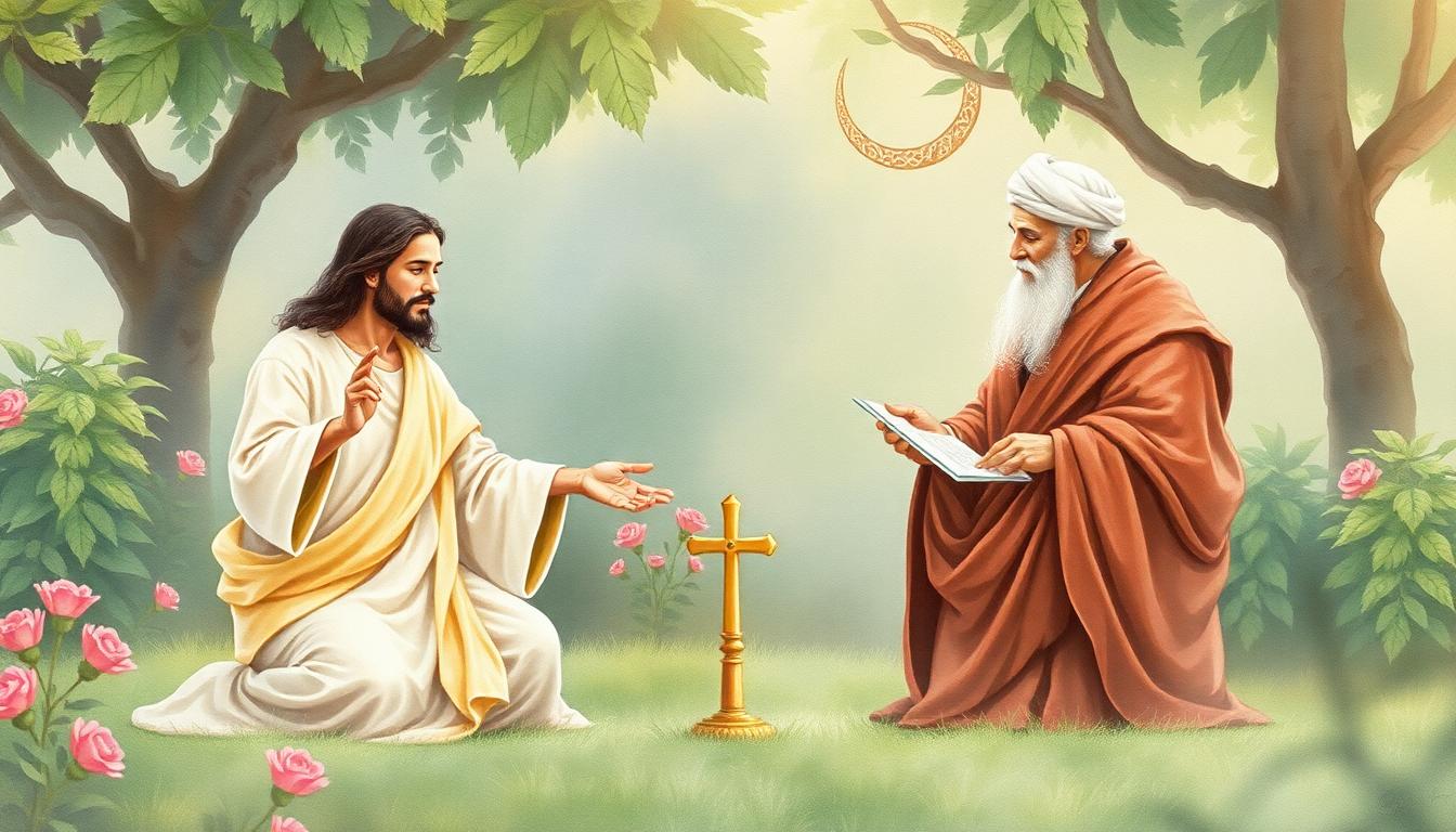 একটি শান্তিপূর্ণ বাগানে যীশু (ঈসা) ও খ্রিস্টান পন্ডিত একসাথে, সামনে ক্রুশ ও চাঁদ তারা—ধর্মীয় সংহতির প্রতীক, জলরং চিত্র, AI দ্বারা তৈরি