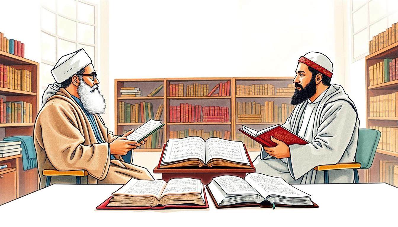 একটি শ্রদ্ধাশীল শ্রেণিকক্ষে মুসলিম ও খ্রিস্টান পন্ডিত আলোচনা করছেন, সামনে বাইবেল ও কোরআন—জলরং ও পেন স্কেচ স্টাইলে। Image created with AI