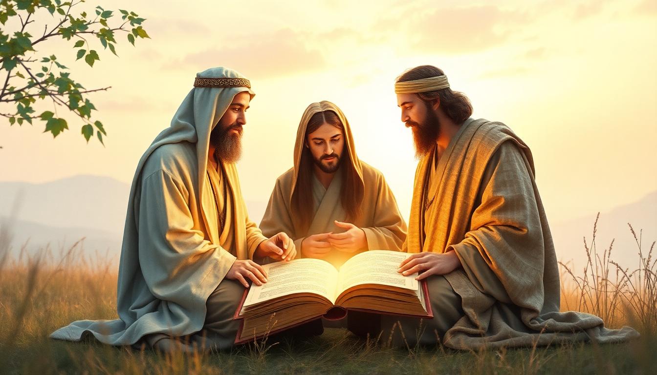 ইসলাম ও খ্রিস্টধর্মে যীশুর অবস্থান—একটি প্রতীকী, শান্তিপূর্ণ দৃশ্য, দুটি ধর্মের পন্ডিতগণ আলোচনারত; জলরঙে তৈরী স্টাইলিশ চিত্র। Image created with AI