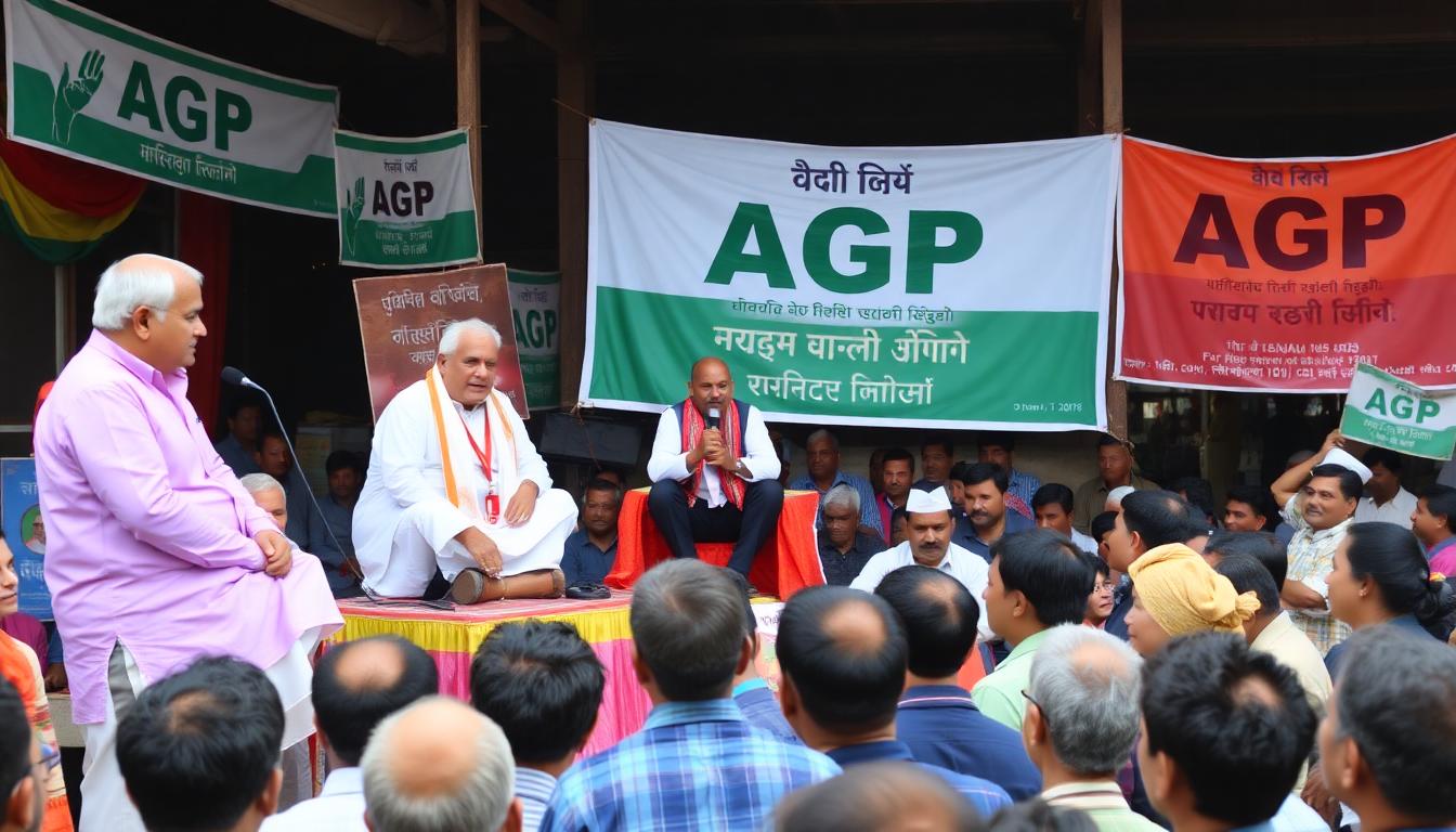 A lively AGP rally in Kamalpur, senior party leaders address a rural audience from a small stage with banners, villagers listening with interest – Image created with AI