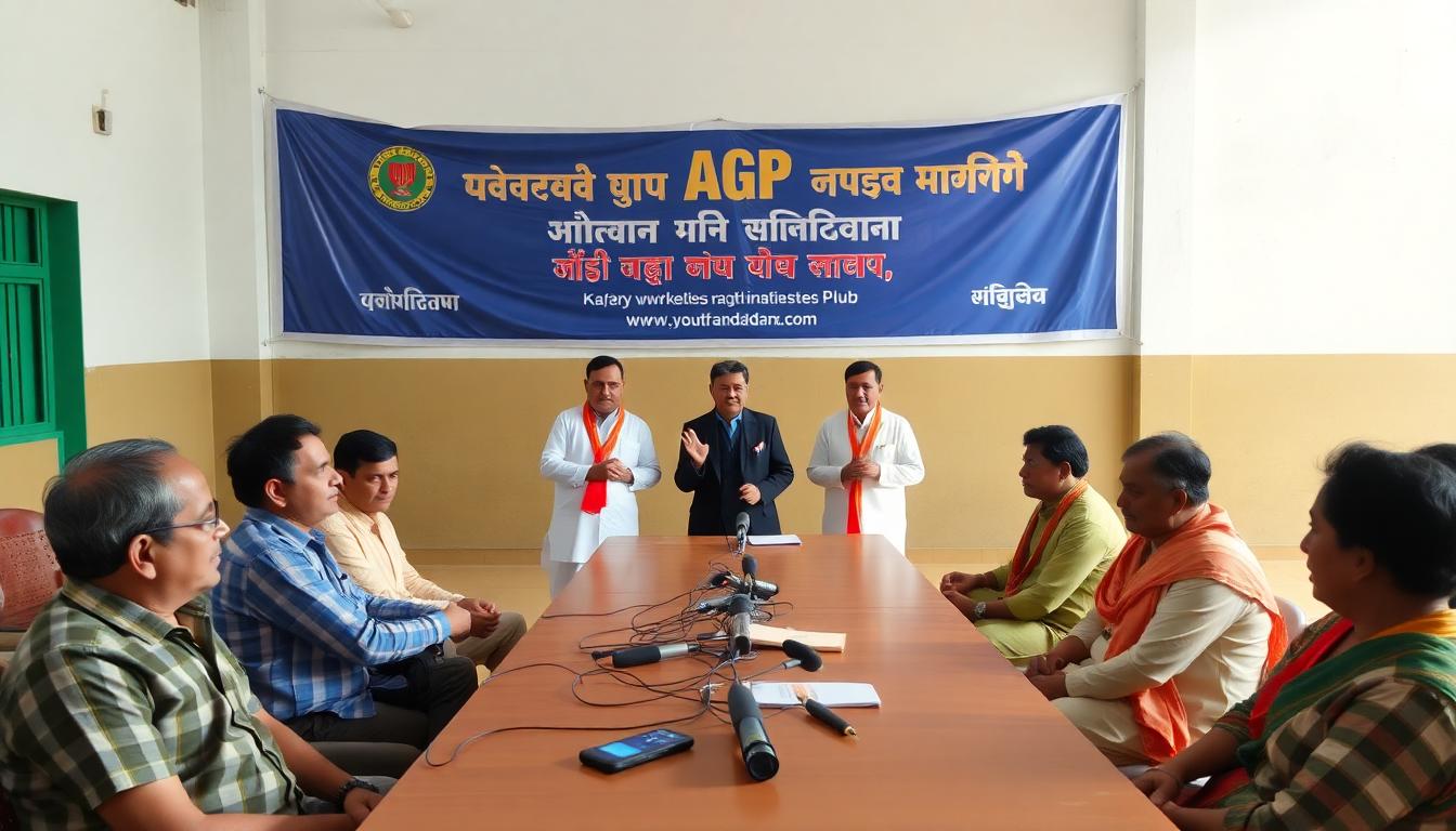 Senior AGP leaders Sunil Deka, Jitu Borgohain, and Paresh Baishya addressing a press conference at Karara Youth Athletic Club, Kamalpur. Grassroots supporters and volunteers listen attentively, with AGP banners and a sense of strong local spirit. Image created with AI