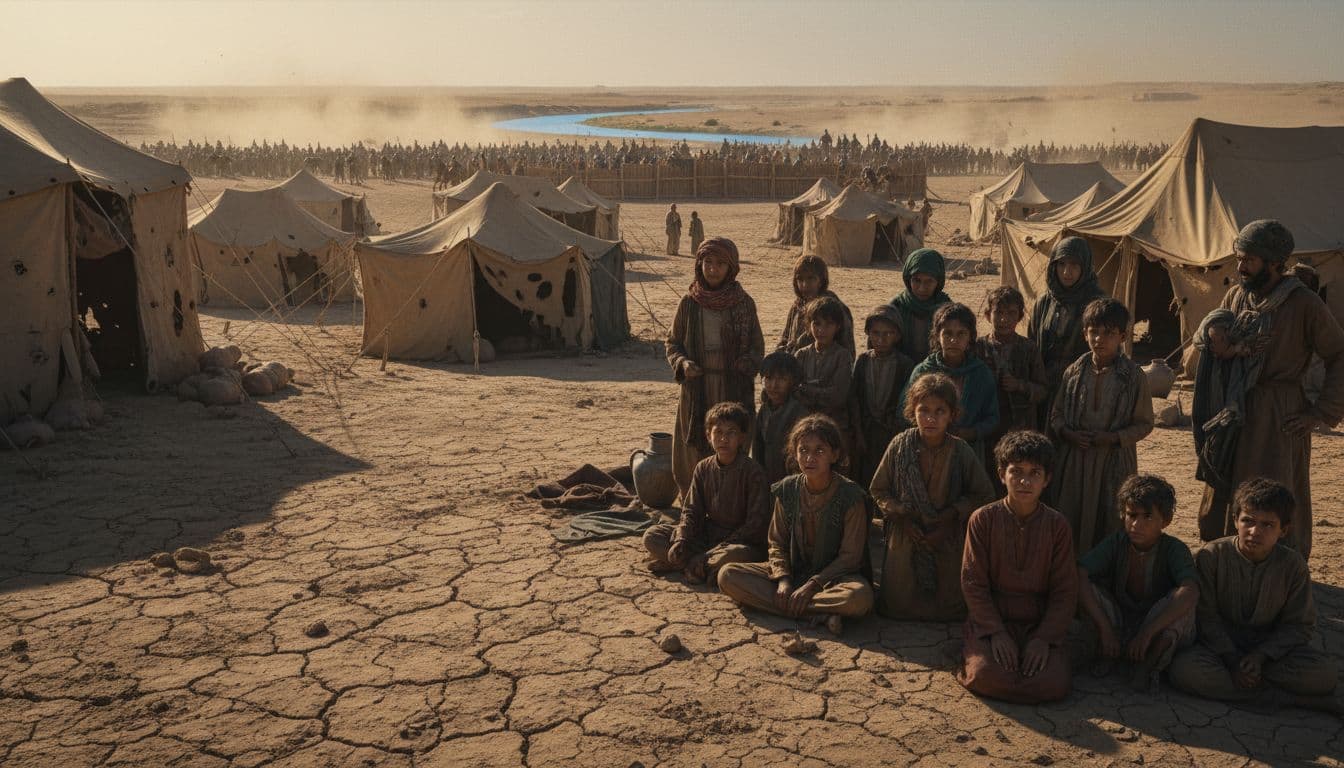 কারবালার শিবির, দূরে ইউফ্রাতিস, শিশুদের তৃষ্ণা, অবরোধে আটকে থাকা পানি, উত্তপ্ত বালু, উদ্বেগময় আবহ। Image generated by AI