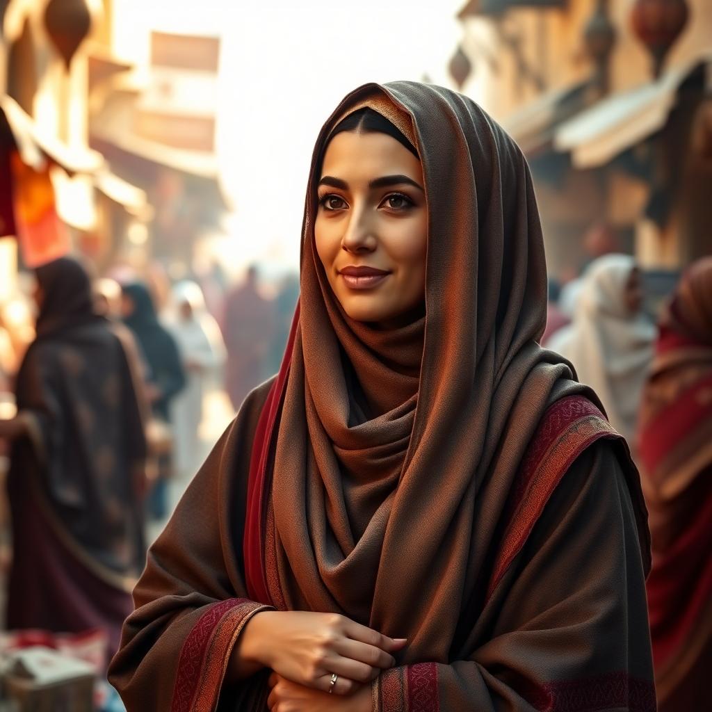 Khadijah bint Khuwaylid, first believer and successful businesswoman in Mecca. She is shown as a confident merchant woman in a bustling 7th-century market, with warm light and rich fabrics. Image created with AI.