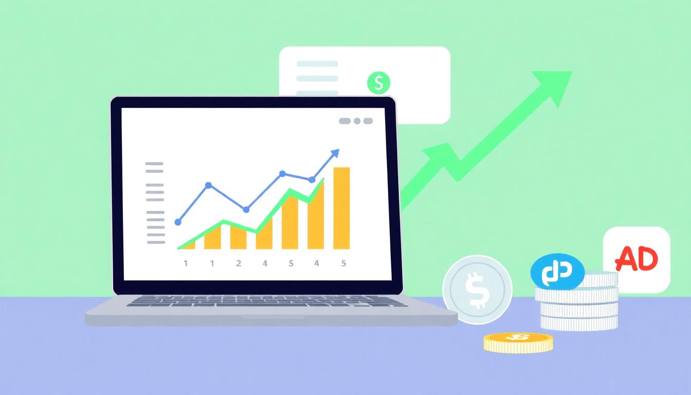 Laptop screen showing monetization charts and platform icons as coins - Image generated by AI
