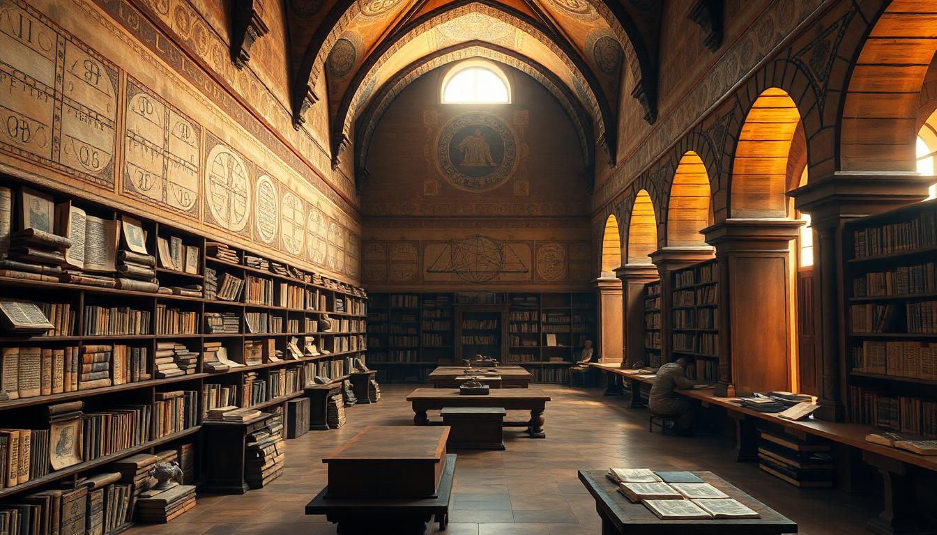 Lubna of Córdoba in a grand medieval library filled with manuscripts and glowing with warm light, scholars studying under Moorish arches. Image generated by AI.