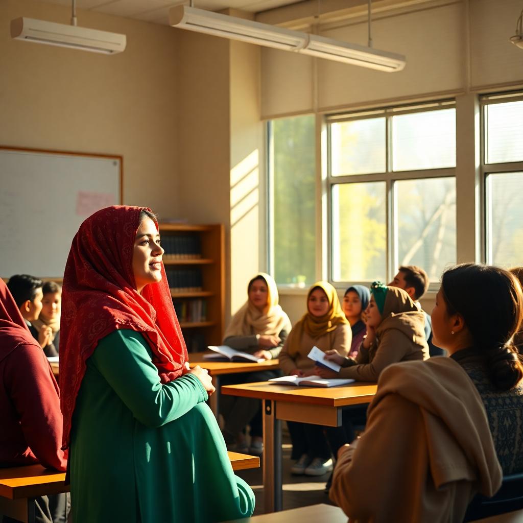 Malala Yousafzai speaking to students in a modern classroom filled with sunlight. Image created with AI.
