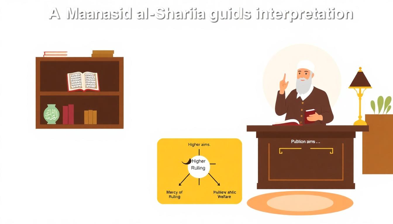 A digital illustration of a Muslim scholar reading Quran and Hadith at a desk, surrounded by a flowchart of guidance and values, symbolizing how Maqasid al-Sharia shapes legal understanding. Image created with AI.